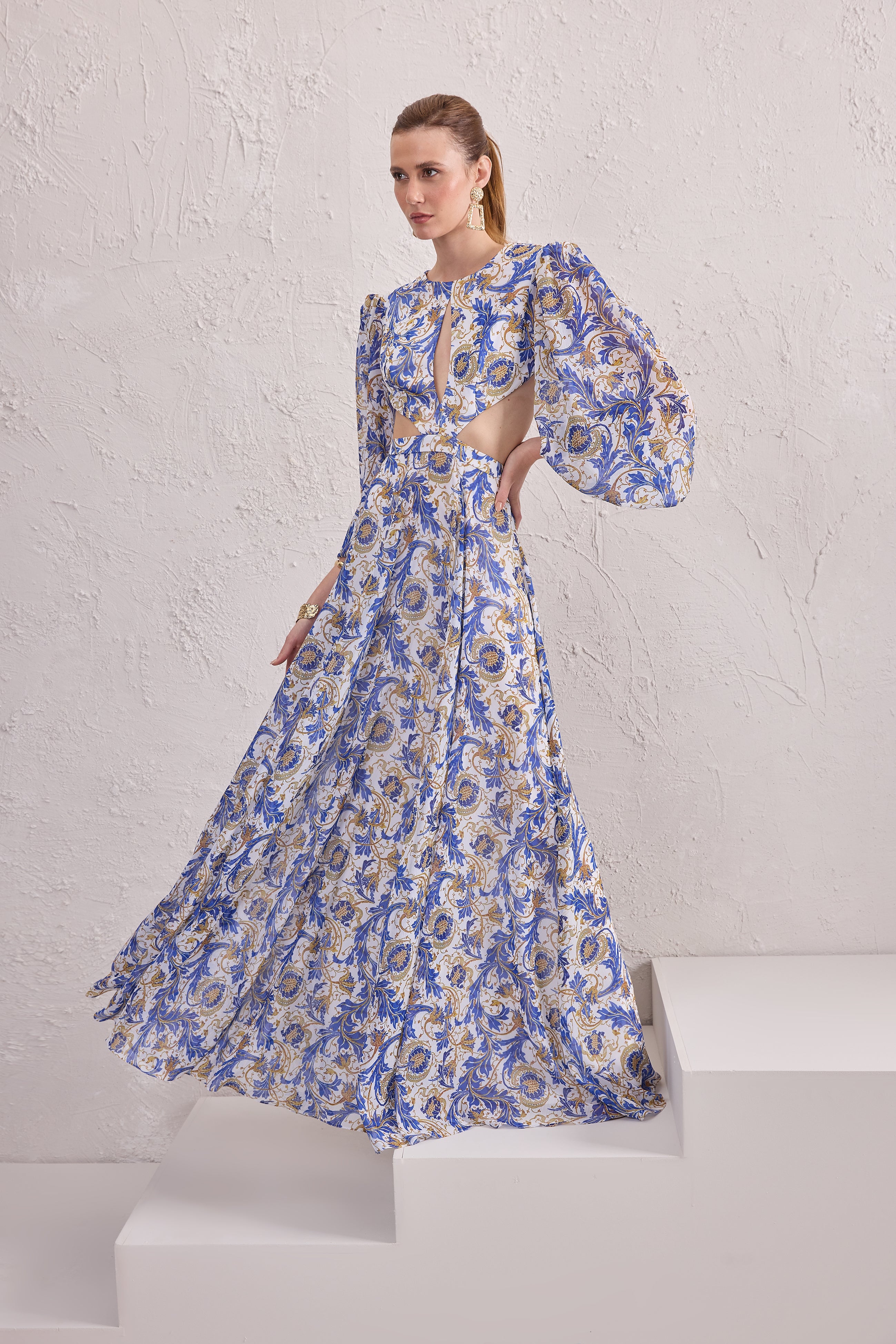 TD Blue Printed Long Sleeve Long Dress