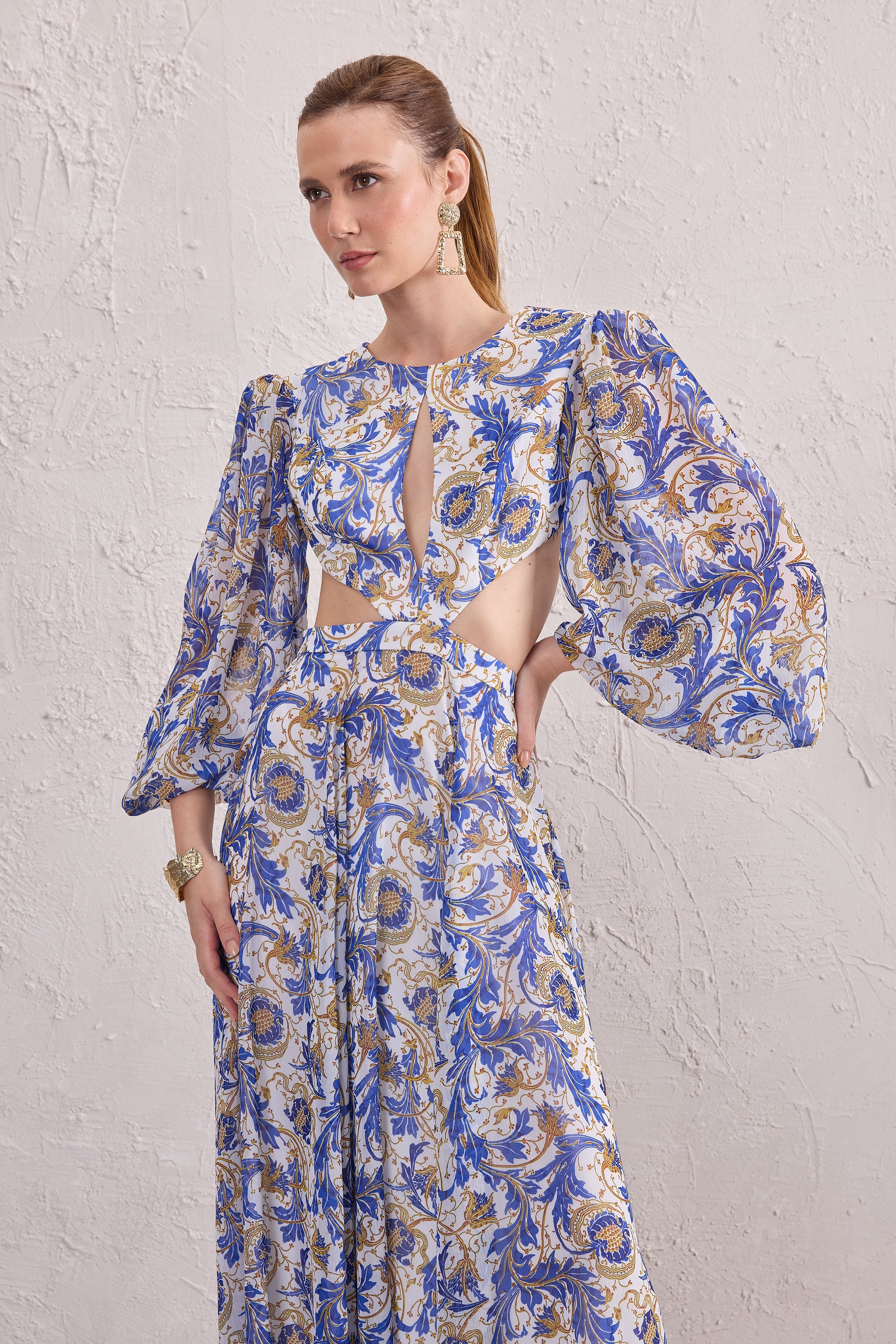 TD Blue Printed Long Sleeve Long Dress