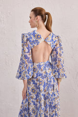 TD Blue Printed Long Sleeve Long Dress