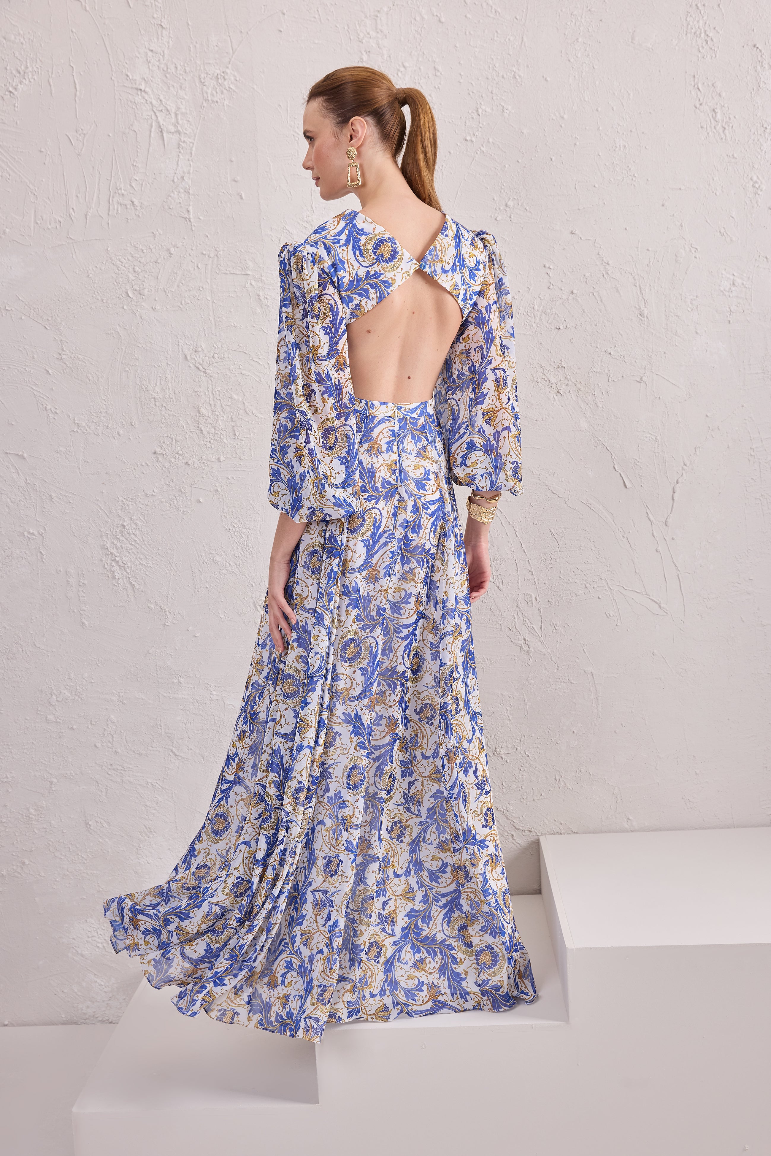 TD Blue Printed Long Sleeve Long Dress