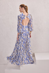 TD Blue Printed Long Sleeve Long Dress