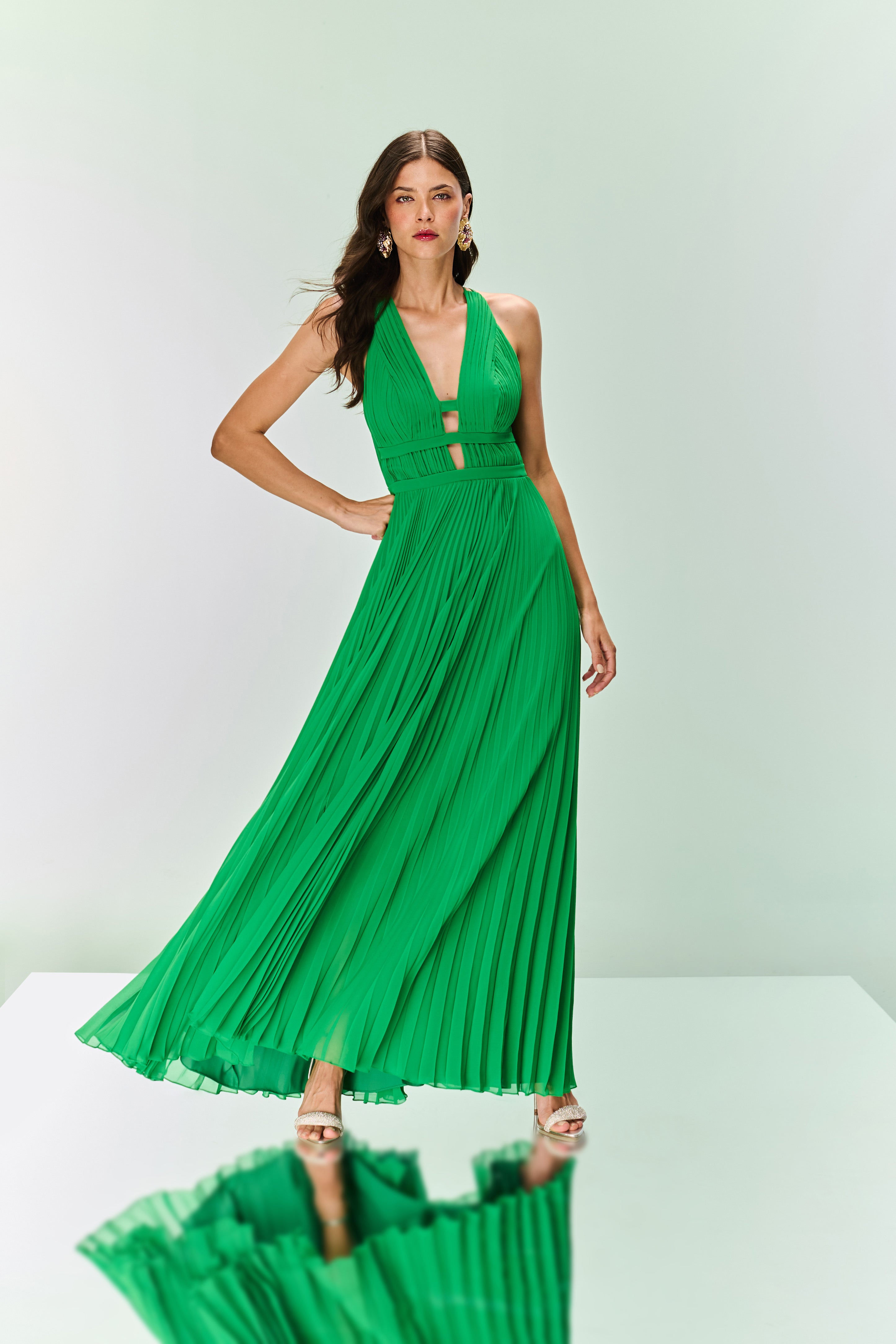 TD Green Pleated Chiffon Dress