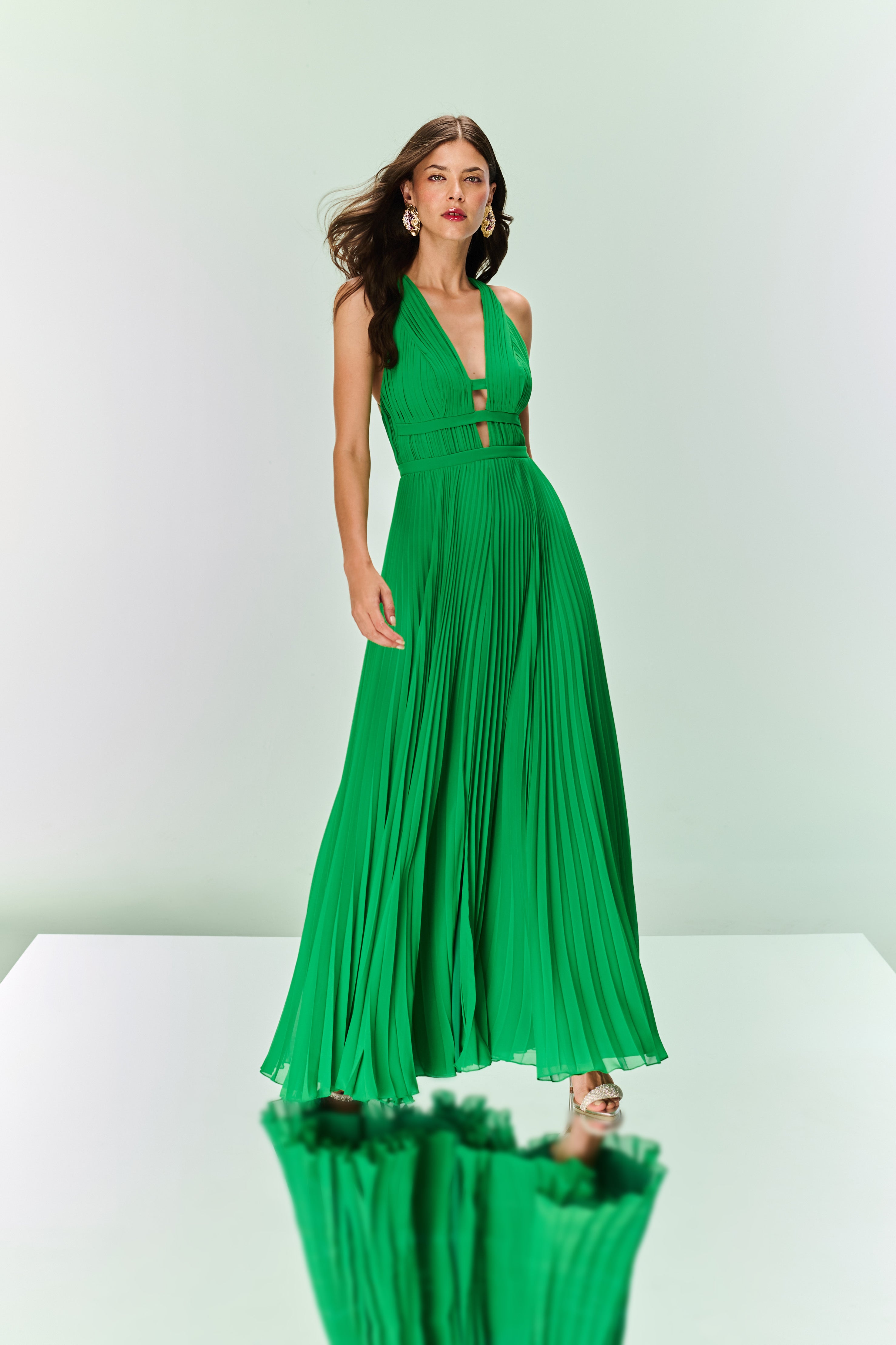 TD Green Pleated Chiffon Dress