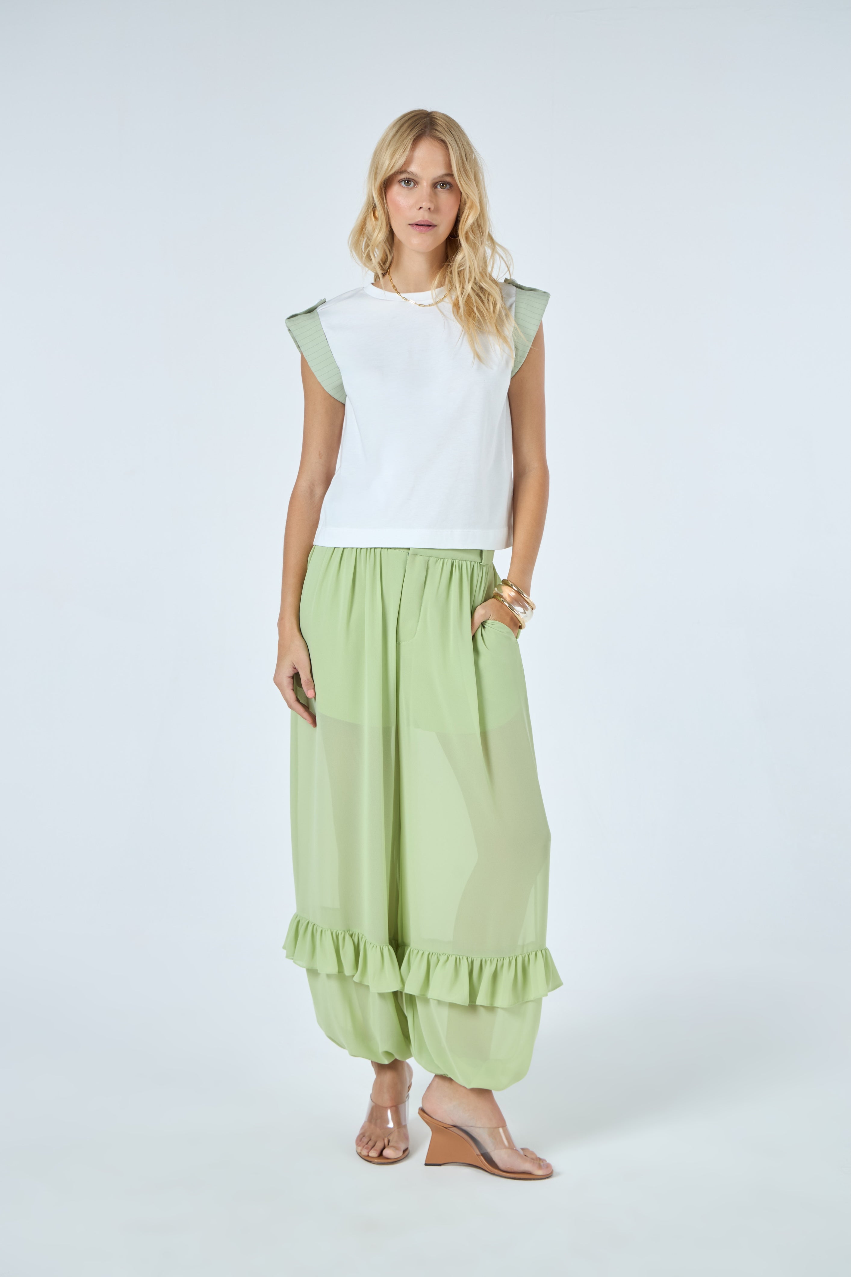 TD White Blouse With Green Sleeves