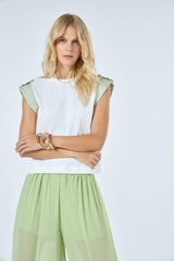 TD White Blouse With Green Sleeves