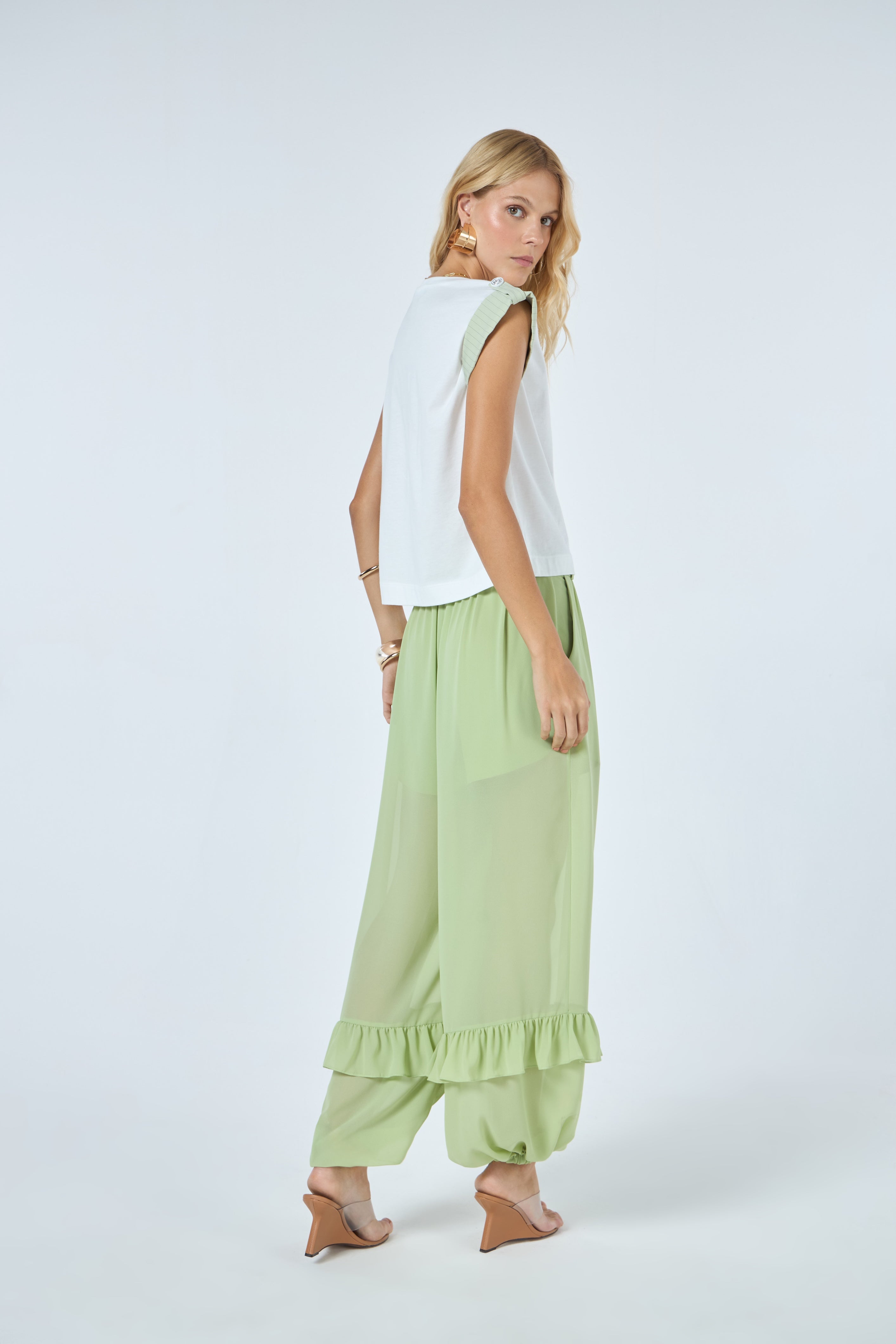 TD White Blouse With Green Sleeves