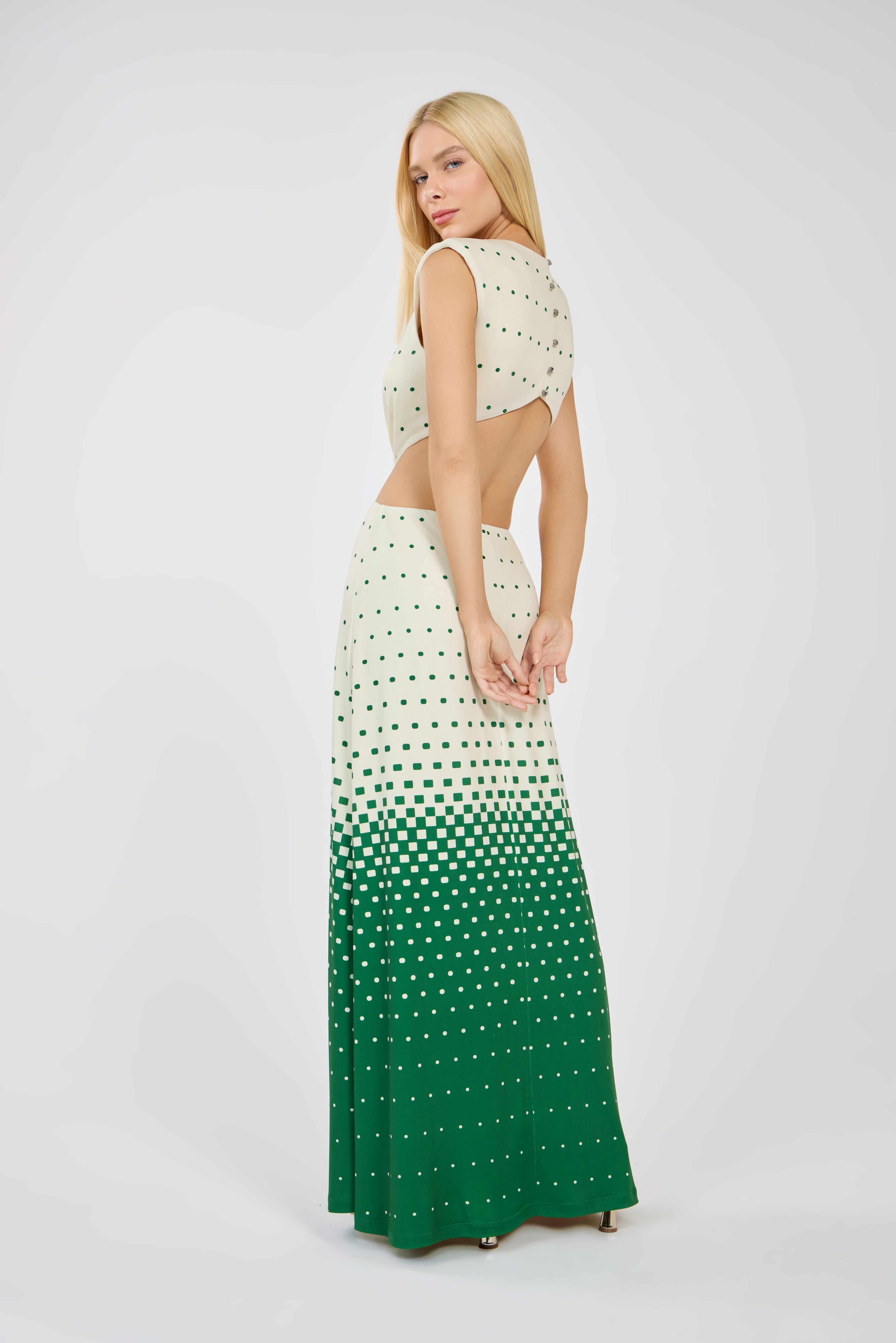 TD Green Long Polka Dot Dress With Waist Cutouts