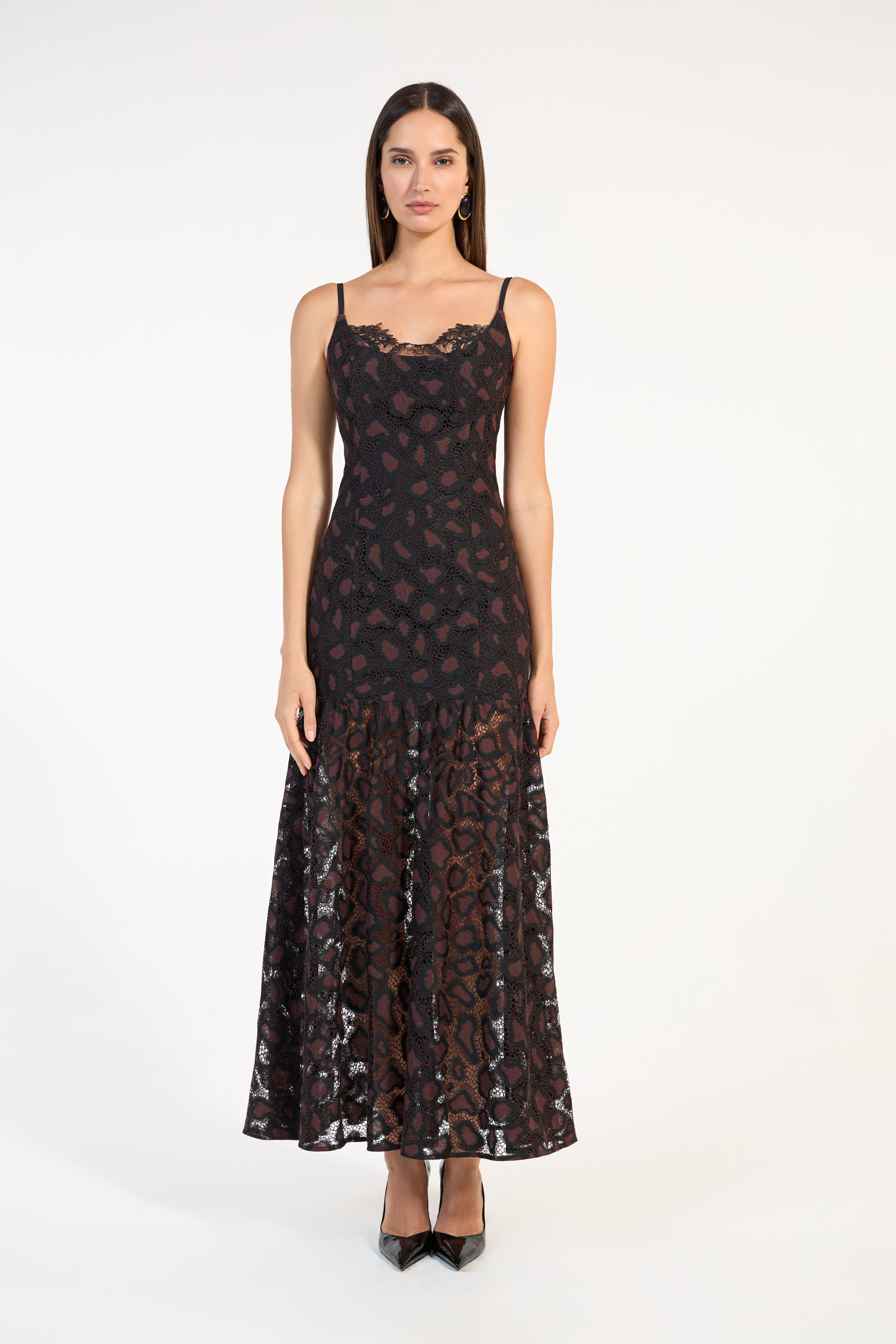 SK Black Brown Printed Lace Midi Dress
