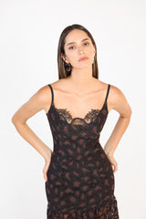 SK Black Brown Printed Lace Midi Dress