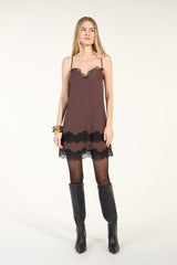 SK Brown Short Dress With Black Lace