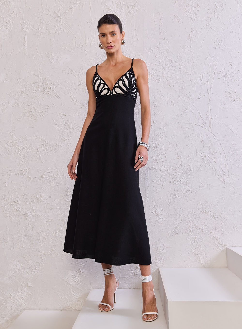 TD Black Embroidered Midi Dress
